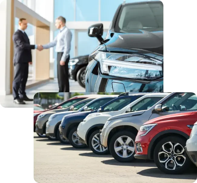 Aperto de mão na compra de um carro e fila de carros usados